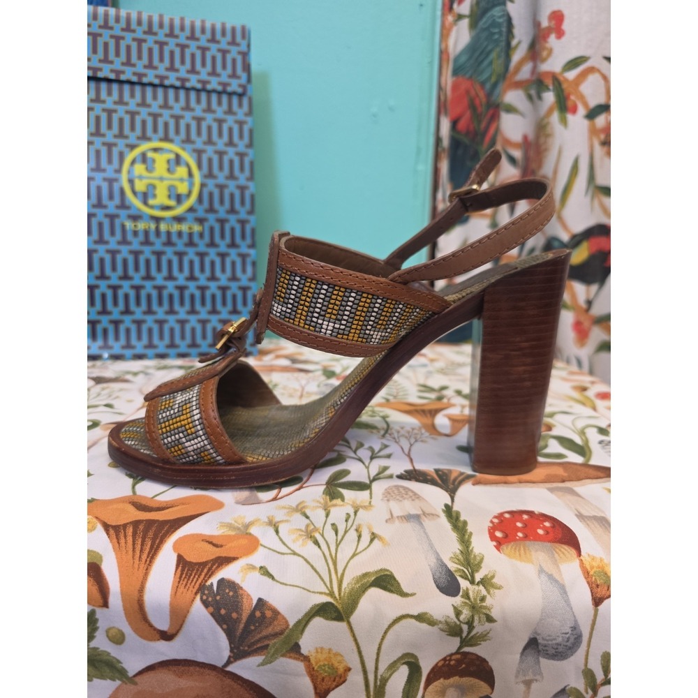 Tory Burch Florian Aztec Block Heel Sandals Tan Leather Ankle Strap Women 9 M - Picture 6 of 13